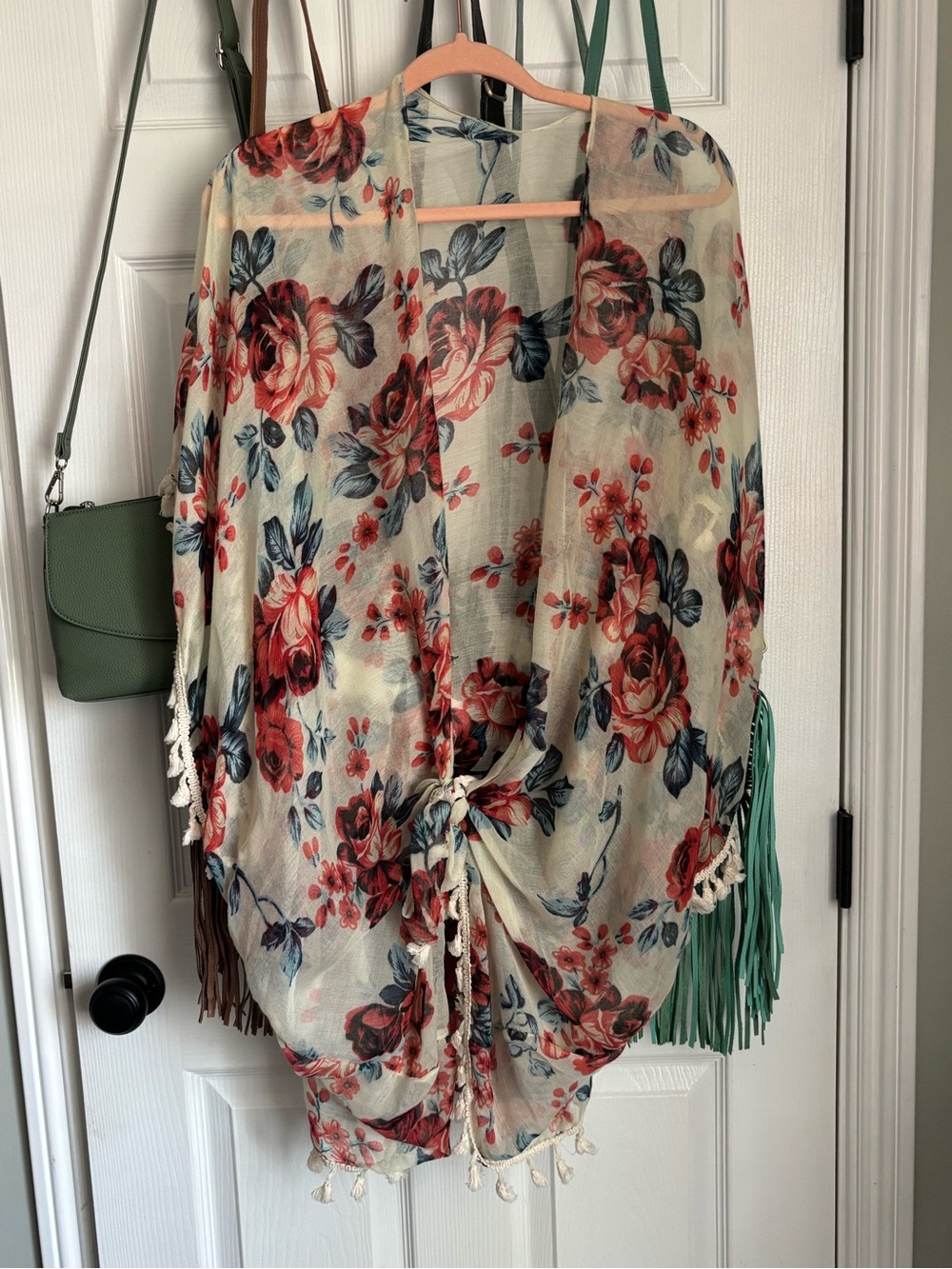 Floral Tie-Front Kimono Skirt Cover-Up in Cream and Red